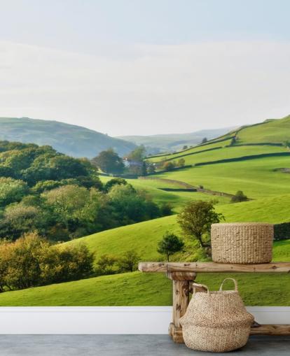 behangmuurschildering op het groene platteland genaamd Hills and Valleys voor slaapkamers, woonkamers en eetkamers behangmuurschildering op het groene platteland genaamd Hills and Valleys voor slaapkamers, woonkamers en eetkamers