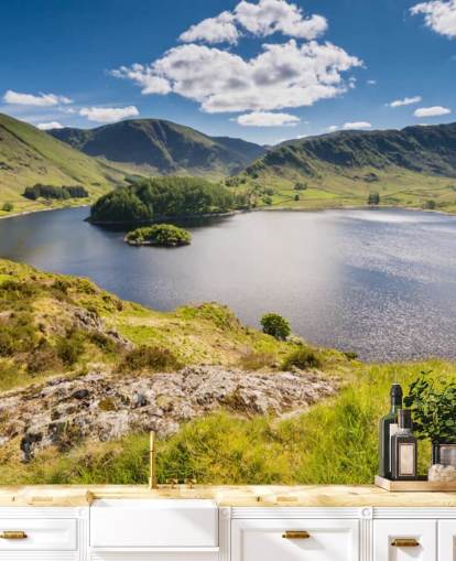 blå og grøn sø tapetmaleri kaldet Haweswater fra Whiteacre Crag til soveværelser, stuer og hjemmekontorer