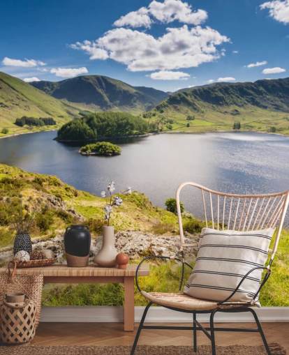 carta da parati murale blu e verde con lago chiamato Haweswater di Whiteacre Crag per camere da letto, salotti e uffici domestici