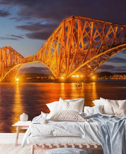 oranje en blauwe muurschildering van Schotland genaamd The Forth Bridge, Edinburgh voor huizen en kantoren