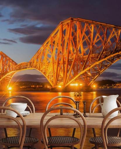 mural de papel de parede laranja e azul da Escócia chamado The Forth Bridge, Edimburgo para residências e escritórios