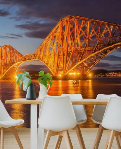 mural de papel pintado escocés naranja y azul llamado The Forth Bridge, Edimburgo, para hogares y oficinas mural de papel pintado escocés naranja y azul llamado The Forth Bridge, Edimburgo, para hogares y oficinas