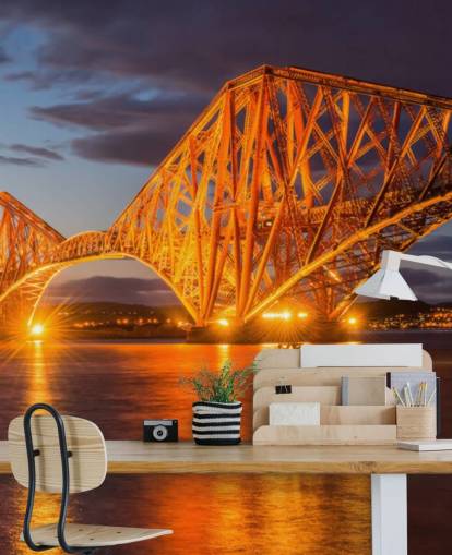 mural de papel pintado escocés naranja y azul llamado The Forth Bridge, Edimburgo, para hogares y oficinas mural de papel pintado escocés naranja y azul llamado The Forth Bridge, Edimburgo, para hogares y oficinas