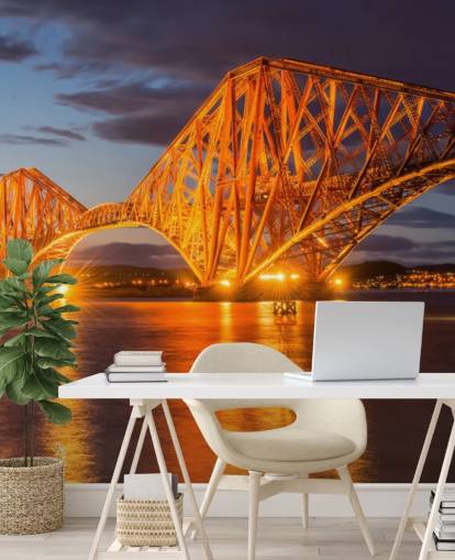 oranje en blauwe muurschildering van Schotland genaamd The Forth Bridge, Edinburgh voor huizen en kantoren oranje en blauwe muurschildering van Schotland genaamd The Forth Bridge, Edinburgh voor huizen en kantoren