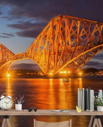 oransje og blått Skottland tapetmaleri kalt The Forth Bridge, Edinburgh for hjem og kontorer oransje og blått Skottland tapetmaleri kalt The Forth Bridge, Edinburgh for hjem og kontorer