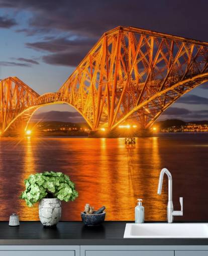 papier peint mural orange et bleu de l'Écosse appelé The Forth Bridge, Édimbourg pour les maisons et les bureaux