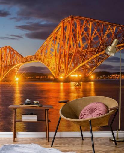 oranje en blauwe muurschildering van Schotland genaamd The Forth Bridge, Edinburgh voor huizen en kantoren oranje en blauwe muurschildering van Schotland genaamd The Forth Bridge, Edinburgh voor huizen en kantoren