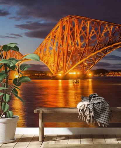 mural de papel pintado escocés naranja y azul llamado The Forth Bridge, Edimburgo, para hogares y oficinas