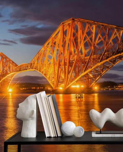 oranje en blauwe muurschildering van Schotland genaamd The Forth Bridge, Edinburgh voor huizen en kantoren oranje en blauwe muurschildering van Schotland genaamd The Forth Bridge, Edinburgh voor huizen en kantoren