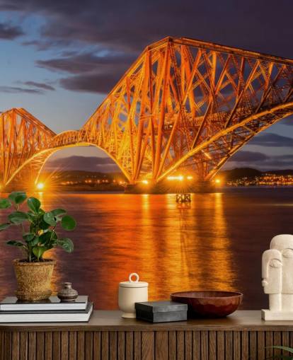 orange och blå Skottland tapetväggmålning kallad The Forth Bridge, Edinburgh för hem och kontor