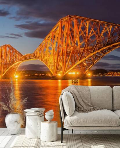 mural de papel pintado escocés naranja y azul llamado The Forth Bridge, Edimburgo, para hogares y oficinas mural de papel pintado escocés naranja y azul llamado The Forth Bridge, Edimburgo, para hogares y oficinas