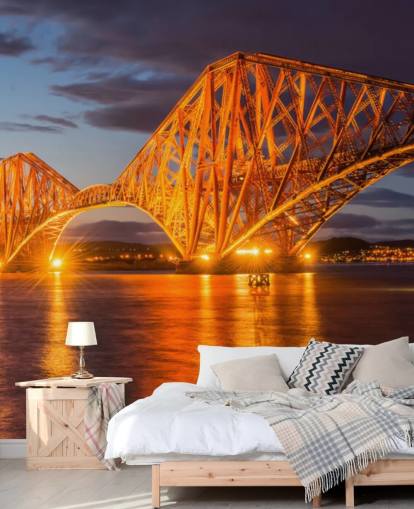 mural de papel pintado escocés naranja y azul llamado The Forth Bridge, Edimburgo, para hogares y oficinas
