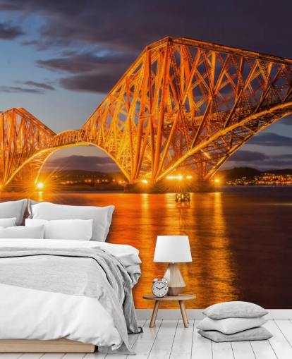 carta da parati murale arancione e blu scozzese chiamata The Forth Bridge, Edimburgo per case e uffici