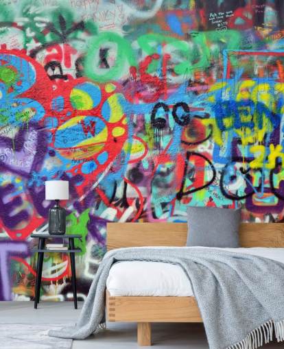 colorful street art wallpaper mural called Wall Sprayed with Graffiti for teen bedrooms