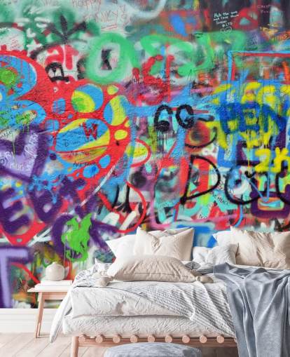 colorful street art wallpaper mural called Wall Sprayed with Graffiti for teen bedrooms