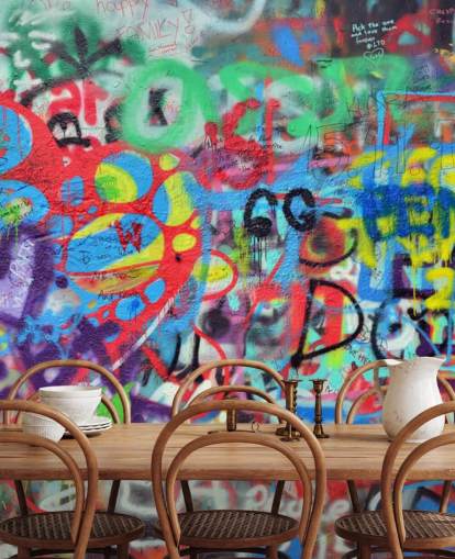 färgglad gatukonst tapetväggmålning kallad Wall Sprayer with Graffiti för tonårssovrum