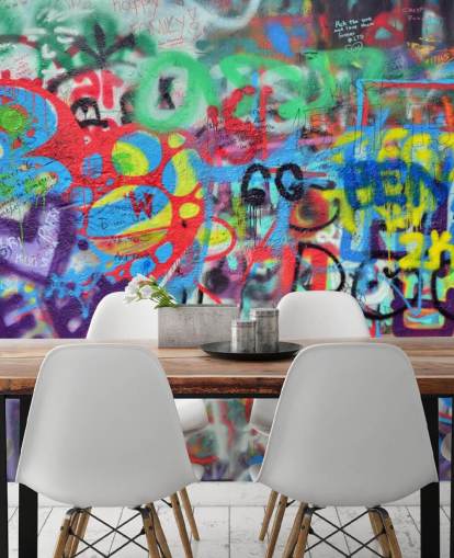 colourful street art wallpaper mural called Wall Sprayed with Graffiti for teen bedrooms
