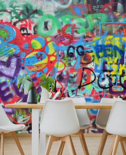 colorful street art wallpaper mural called Wall Sprayed with Graffiti for teen bedrooms