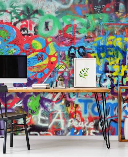 colorful street art wallpaper mural called Wall Sprayed with Graffiti for teen bedrooms