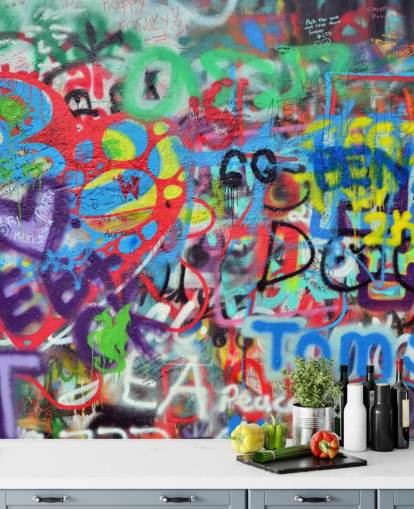 Buntes Street-Art-Wandbild mit dem Titel Wall Sprayed with Graffiti für Jugendzimmer Buntes Street-Art-Wandbild mit dem Titel Wall Sprayed with Graffiti für Jugendzimmer