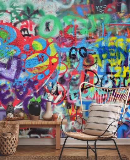 colorful street art wallpaper mural called Wall Sprayed with Graffiti for teen bedrooms