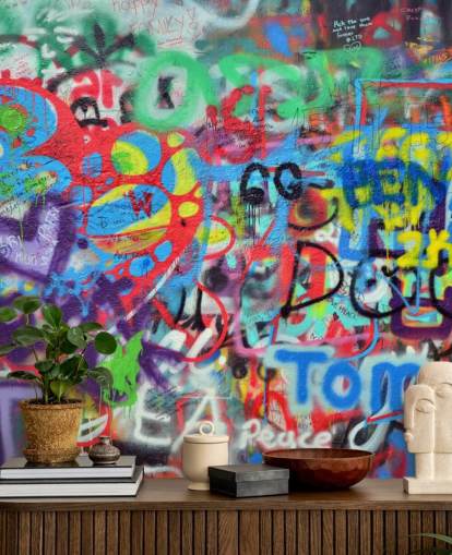 colorful street art wallpaper mural called Wall Sprayed with Graffiti for teen bedrooms