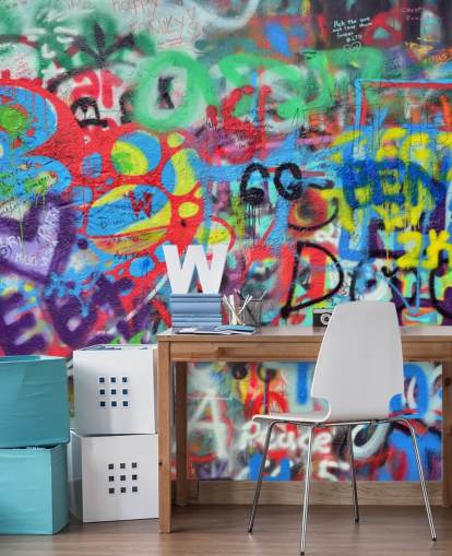 colourful street art wallpaper mural called Wall Sprayed with Graffiti for teen bedrooms