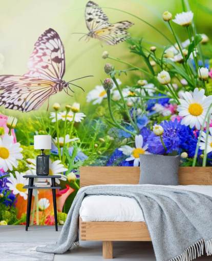 blue, green and white customisable butterflies wallpaper mural called Butterflies and Flowers for businesses, care homes and corridors