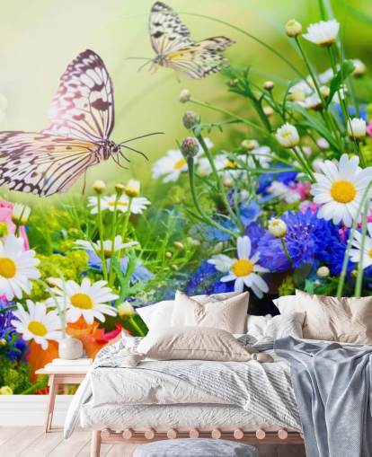 mural de papel pintado de mariposas personalizable azul, verde y blanco llamado Mariposas y flores para negocios, residencias de ancianos y pasillos mural de papel pintado de mariposas personalizable azul, verde y blanco llamado Mariposas y flores para negocios, residencias de ancianos y pasillos