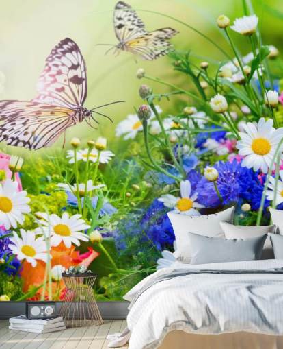 blue, green and white customizable butterflies wallpaper mural called Butterflies and Flowers for businesses, care homes and corridors
