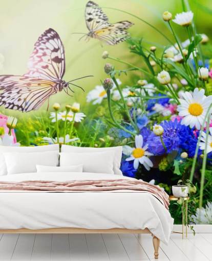 blue, green and white customisable butterflies wallpaper mural called Butterflies and Flowers for businesses, care homes and corridors