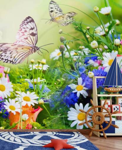 papier peint mural de papillons personnalisable bleu, vert et blanc appelé Butterflies and Flowers pour les entreprises, les maisons de retraite et les couloirs