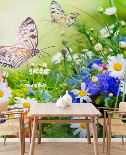 blue, green and white customizable butterflies wallpaper mural called Butterflies and Flowers for businesses, care homes and corridors