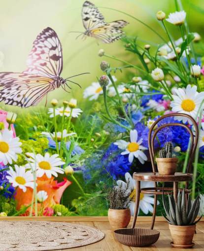 mural de papel pintado de mariposas personalizable azul, verde y blanco llamado Mariposas y flores para negocios, residencias de ancianos y pasillos