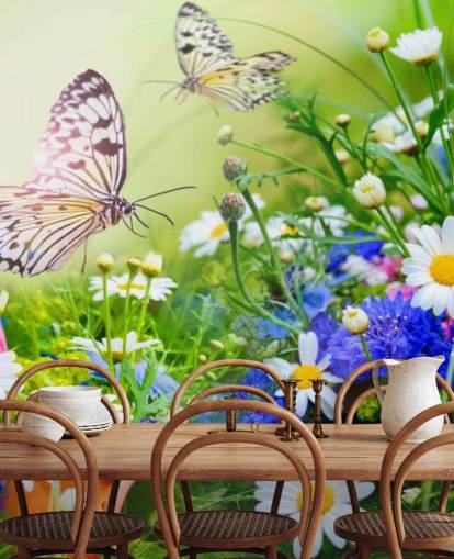 blå, grønne og hvite tilpassbare sommerfugler tapetmaleri kalt Sommerfugler og blomster for bedrifter, omsorgsboliger og korridorer