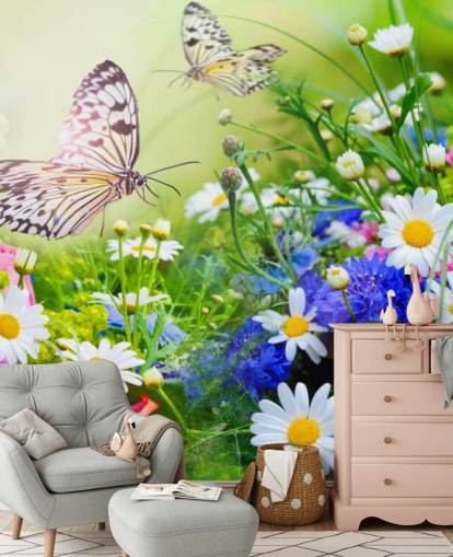blue, green and white customisable butterflies wallpaper mural called Butterflies and Flowers for businesses, care homes and corridors
