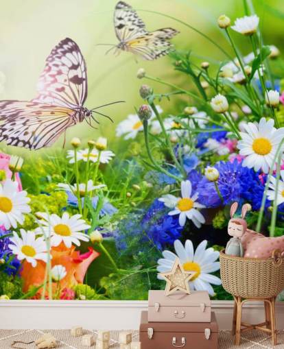 carta da parati murale con farfalle blu, verdi e bianche personalizzabile chiamata Butterflies and Flowers per aziende, case di cura e corridoi carta da parati murale con farfalle blu, verdi e bianche personalizzabile chiamata Butterflies and Flowers per aziende, case di cura e corridoi