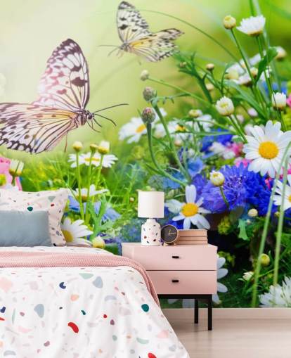 blue, green and white customisable butterflies wallpaper mural called Butterflies and Flowers for businesses, care homes and corridors