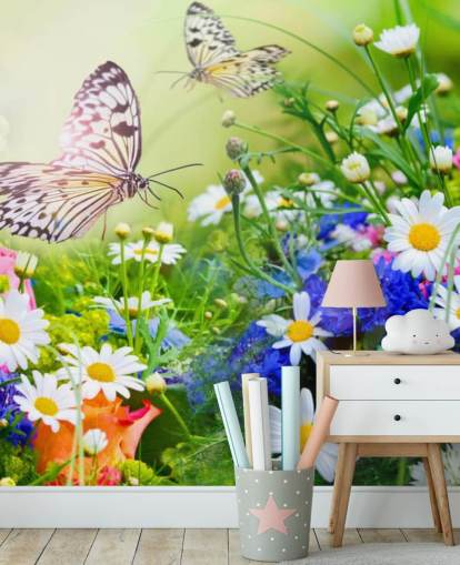 blå, grøn og hvid tilpasselig sommerfugl tapetmaleri kaldet Sommerfugle og blomster til virksomheder, plejehjem og korridorer