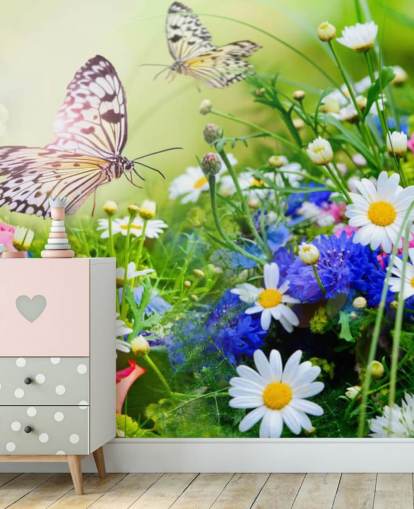 blue, green and white customizable butterflies wallpaper mural called Butterflies and Flowers for businesses, care homes and corridors