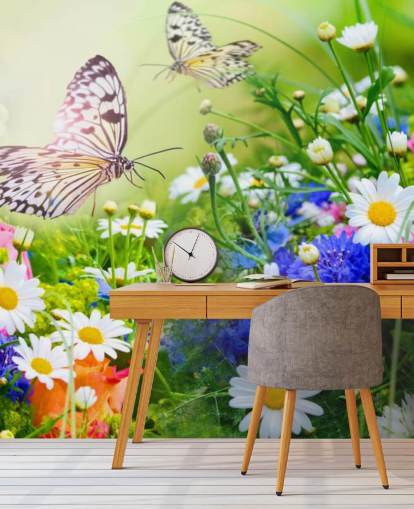 blue, green and white customizable butterflies wallpaper mural called Butterflies and Flowers for businesses, care homes and corridors