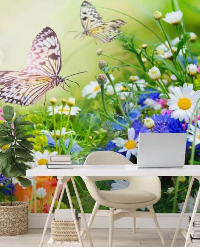 blue, green and white customizable butterflies wallpaper mural called Butterflies and Flowers for businesses, care homes and corridors blue, green and white customizable butterflies wallpaper mural called Butterflies and Flowers for businesses, care homes and corridors