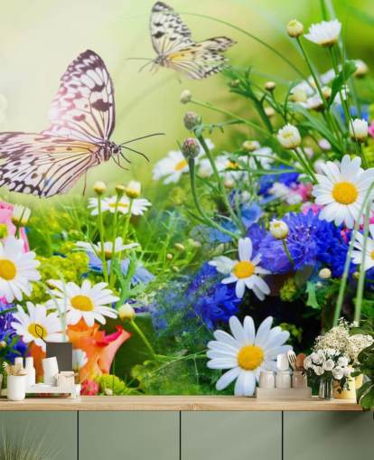 blue, green and white customizable butterflies wallpaper mural called Butterflies and Flowers for businesses, care homes and corridors