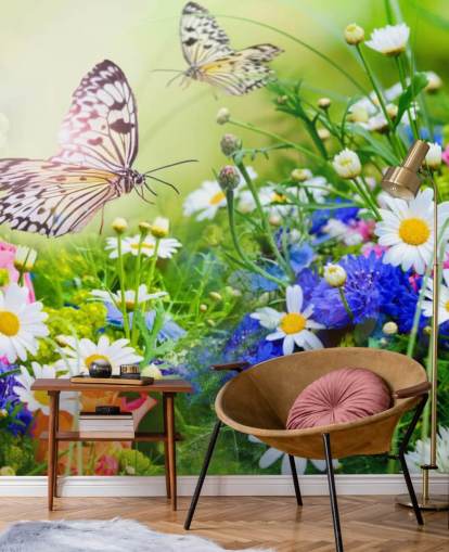 blue, green and white customisable butterflies wallpaper mural called Butterflies and Flowers for businesses, care homes and corridors