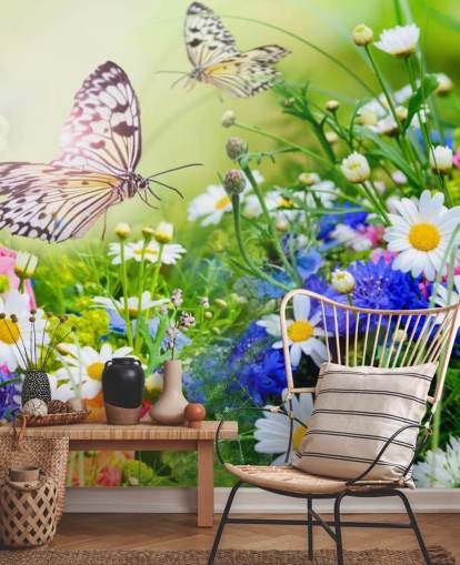 blå, grön och vit anpassningsbar fjärilar tapetväggmålning kallad Fjärilar och blommor för företag, vårdhem och korridorer blå, grön och vit anpassningsbar fjärilar tapetväggmålning kallad Fjärilar och blommor för företag, vårdhem och korridorer