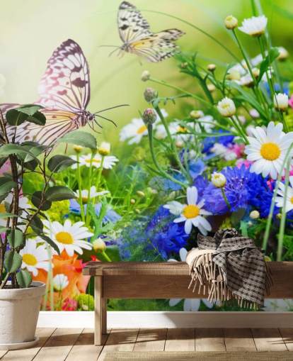blue, green and white customisable butterflies wallpaper mural called Butterflies and Flowers for businesses, care homes and corridors