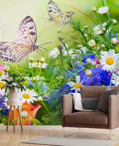carta da parati murale con farfalle blu, verdi e bianche personalizzabile chiamata Butterflies and Flowers per aziende, case di cura e corridoi