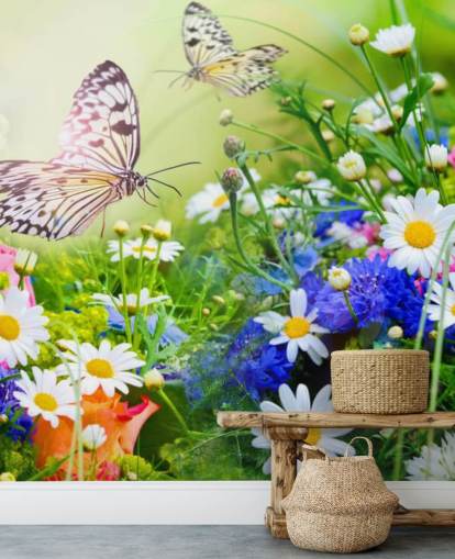 blå, grön och vit anpassningsbar fjärilar tapetväggmålning kallad Fjärilar och blommor för företag, vårdhem och korridorer blå, grön och vit anpassningsbar fjärilar tapetväggmålning kallad Fjärilar och blommor för företag, vårdhem och korridorer