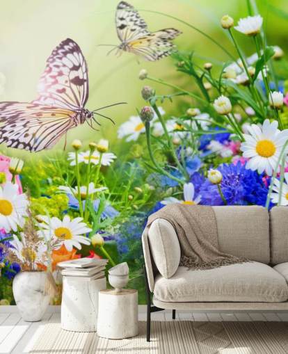mural de papel pintado de mariposas personalizable azul, verde y blanco llamado Mariposas y flores para negocios, residencias de ancianos y pasillos