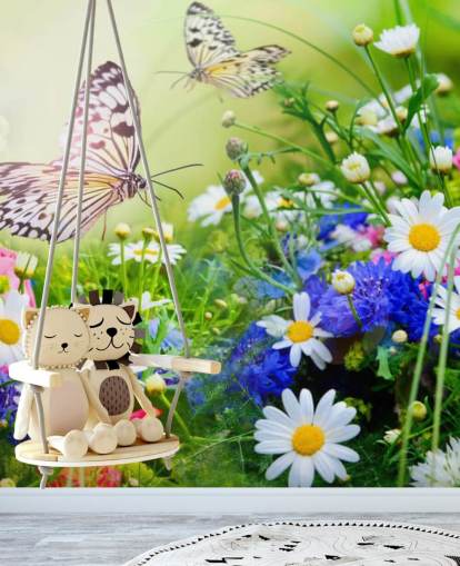 blue, green and white customisable butterflies wallpaper mural called Butterflies and Flowers for businesses, care homes and corridors